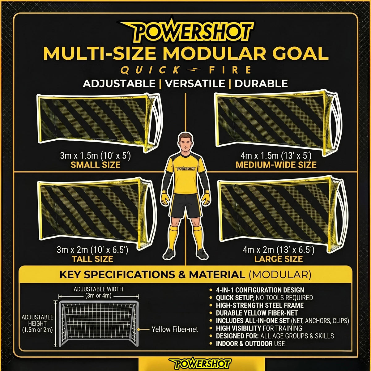 Portería de fútbol modular QuickFire 3/4m x 1,5/2m