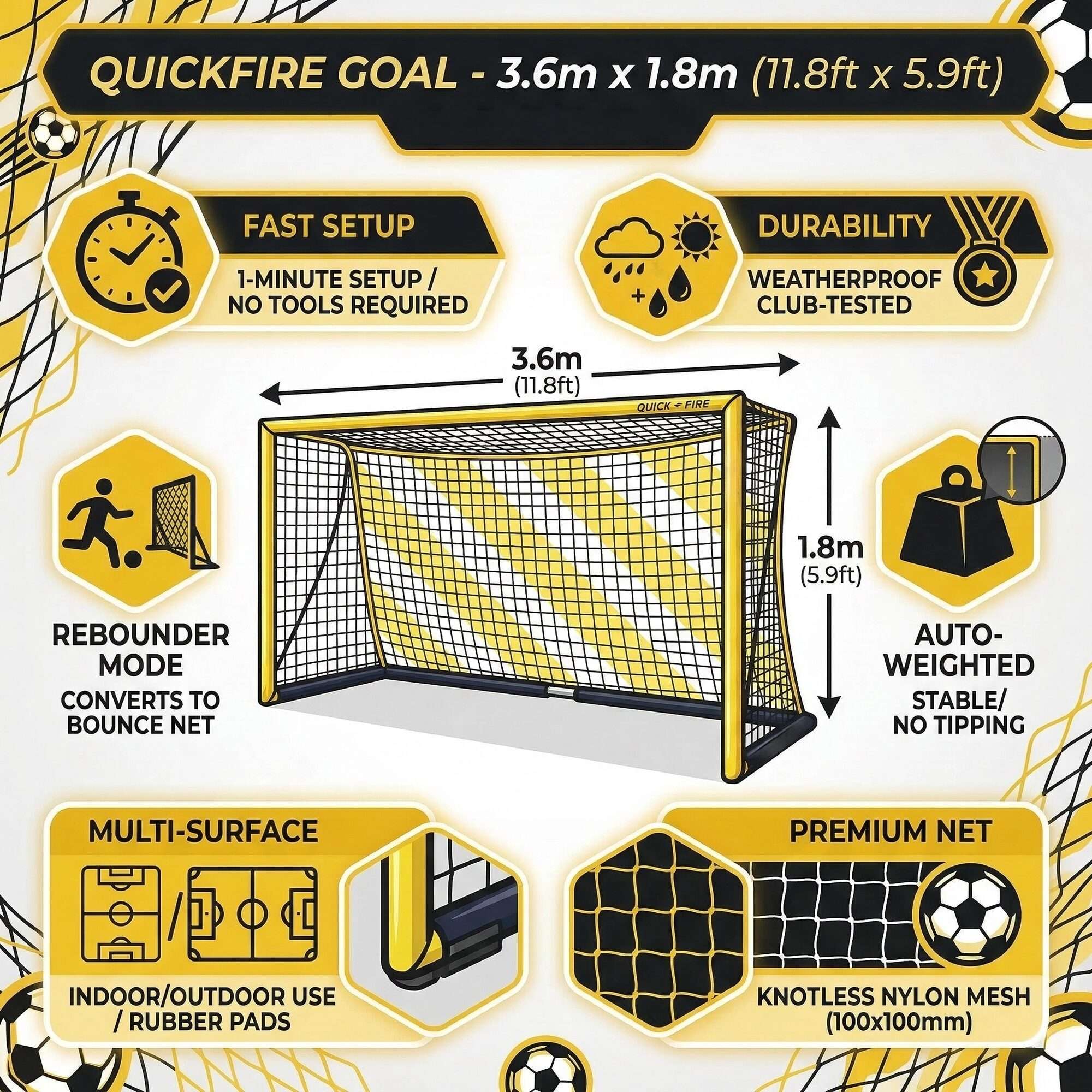 Image du produit : Portería de fútbol Quickfire - 3,6 x 1,8m - autolastrada