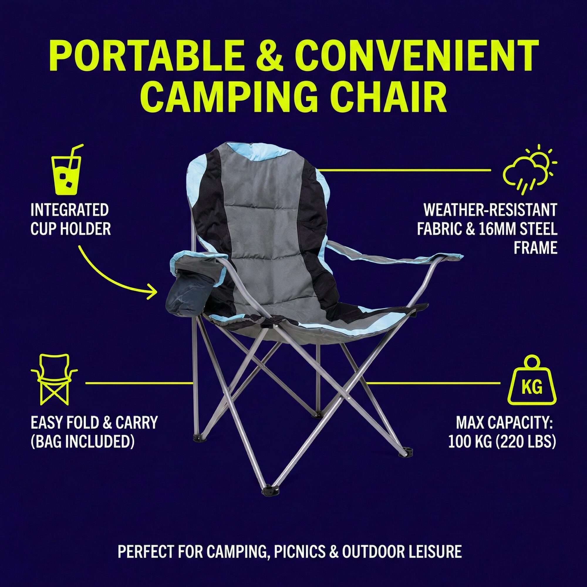 Image du produit : Juego de 2 sillas de camping con portabotellas en el reposabrazos