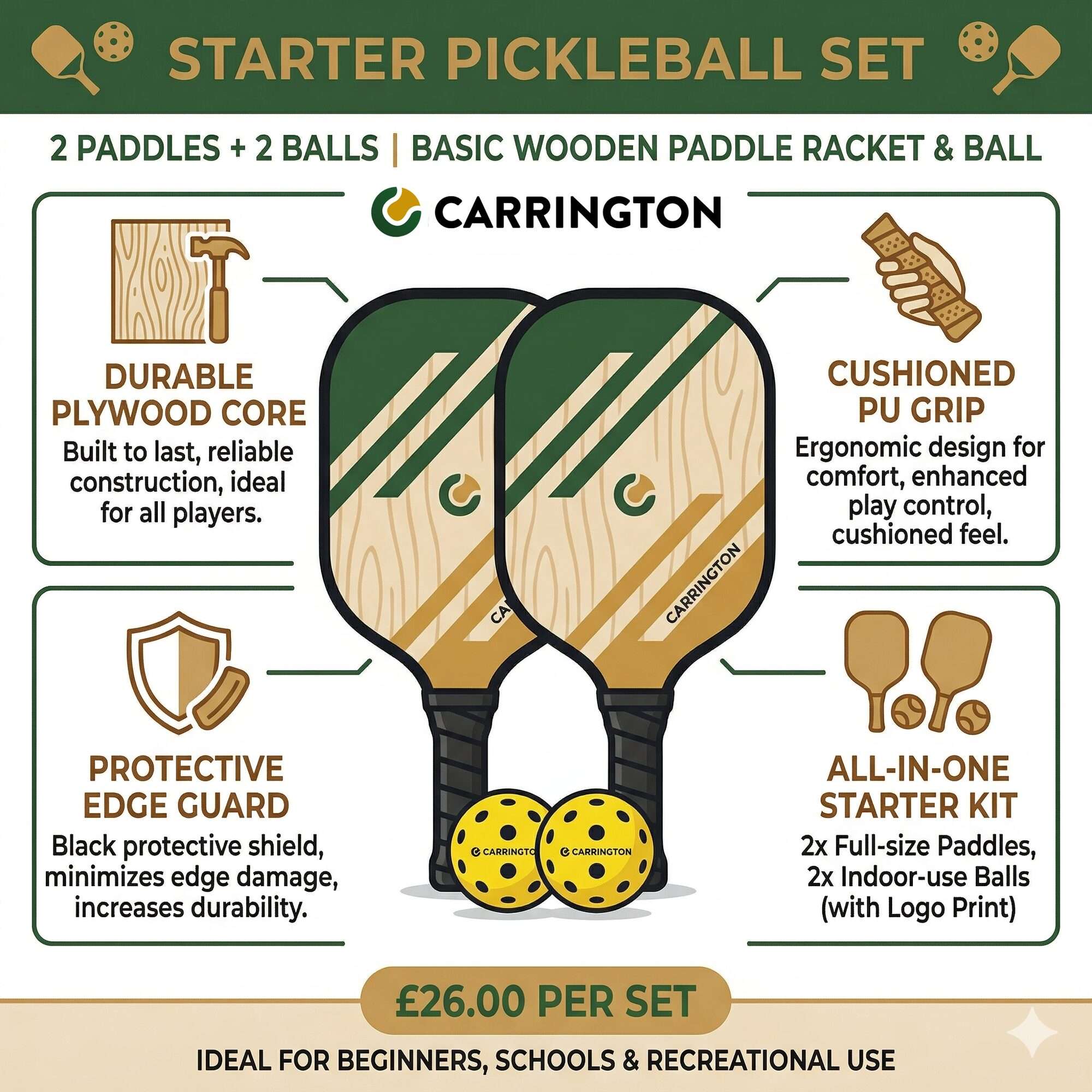 Image du produit : Pickleball - Raqueta y pelota de madera (juego de 2)